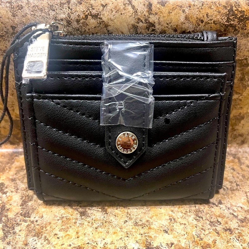 Steve Madden Black Quilted Wallet with Metallic Accents